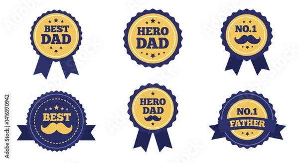 Obraz Fathers Day award badges with mustache icons in flat minimal style and dark blue and gold colors vector illustration