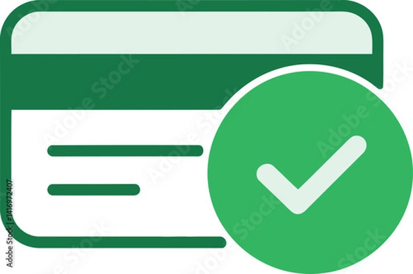Fototapeta Credit card icon with green circular checkmark on white silhouette flat green background minimalist financial security graphic vector