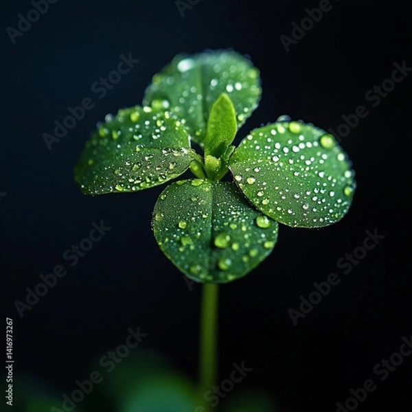 Fototapeta Close-up of a clover leaf adorned with dew on a dark background during early morning hours in a garden setting