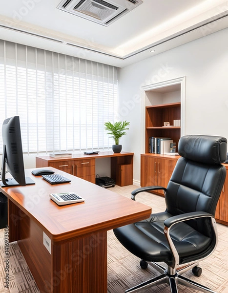 Fototapeta A sleek, contemporary white office space with a polished wooden desk, a digital calculator, a high-end desktop computer, and a luxurious black leather executive chair. The sophisticated setup includ