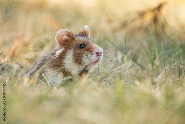 Obraz European hamster (Cricetus cricetus) in its natural environment. Close-up of a wild rodent in grass, captured in an urban setting with soft natural light.