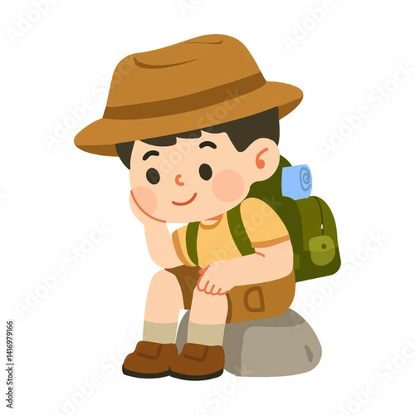 Obraz Boy Sitting on a Rock with Backpack