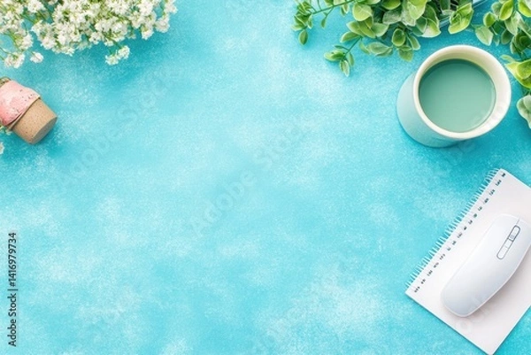 Fototapeta Pastel-toned workspace with springtime elements