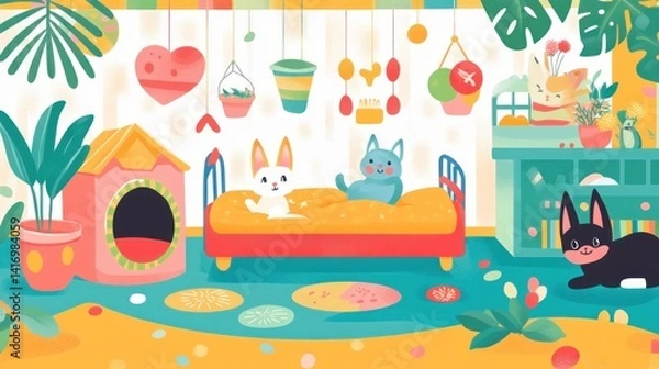 Obraz Cute bunnies and cat in a playful, colorful room.