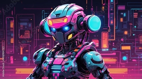 Fototapeta Pixel Art Isometric Robot Avatar with Glowing Controller and Retro UI Elements