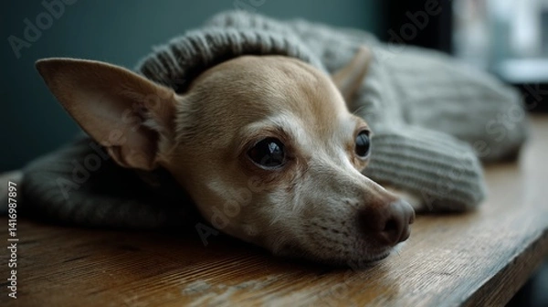 Fototapeta A tiny dog in a cozy sweater gazes thoughtfully towards the distance, capturing warmth and companionship.