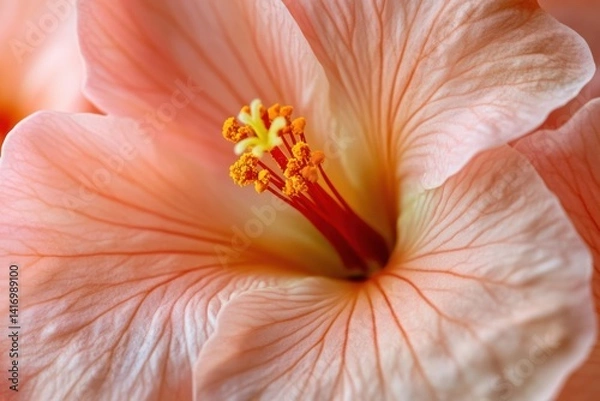 Fototapeta Close-up of a delicate peach hibiscus flower with intricate petal patterns