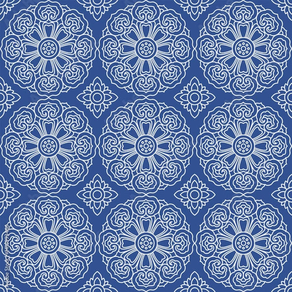 Fototapeta Blue Ornamental Seamless Pattern with Buddhist Wheel of Samsara and Azulejo Tile Motifs for fabric , wallpaper or wrapping paper. Botanical classic elegance print design.