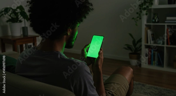 Fototapeta A man is watching a bright smartphone screen at home, the camera shot is from the back side of the man.