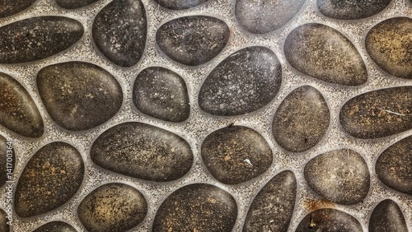 Fototapeta A close-up shot of a textured stone tile surface, perfect for backgrounds, textures, and design elements. The varying shapes and shades of gray and brown pebbles provide a natural and organic feel.