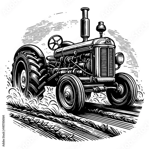 Fototapeta old-fashioned tractor speeding through a field, surrounded by smoke and dust, symbolizing rural power engraving generative ai sketch PNG illustration