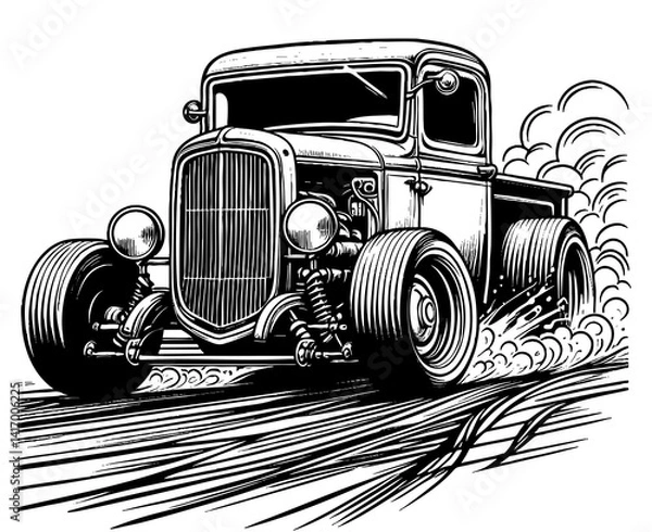Fototapeta pickup truck skidding with tire smoke, symbolizing speed, power, and old-school automotive culture engraving generative ai sketch PNG illustration
