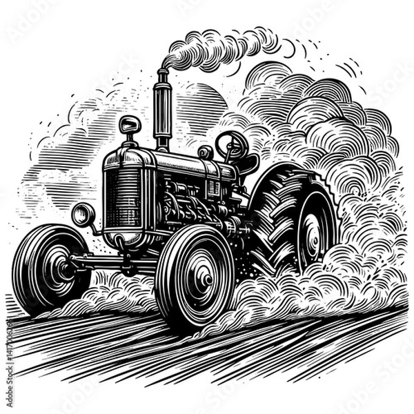 Fototapeta old-fashioned tractor speeding through a field, surrounded by smoke and dust, symbolizing rural power engraving generative ai sketch PNG illustration