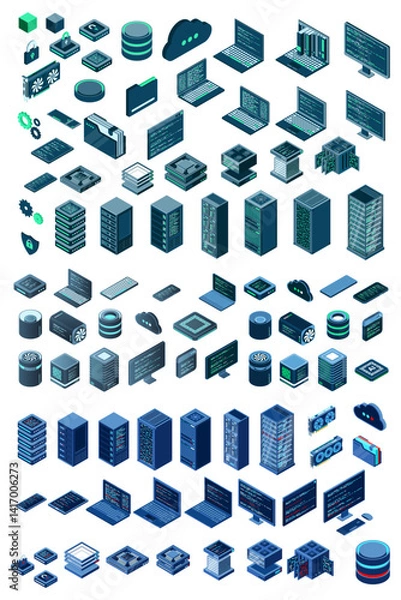 Fototapeta Large set of isometric computer technology. Isometric set server equipment. Modern technology concept for cloud computing, datacenter, database. Isometric technology
