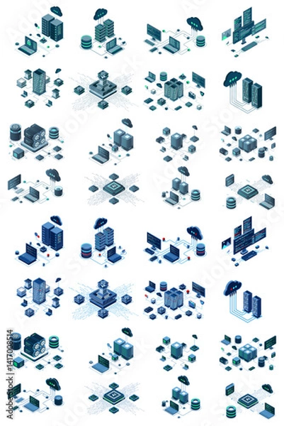 Fototapeta Large set of isometric modern technology concept for cloud computing, datacenter, database, artificial intelligence, and blockchain technology. Isometric technology
