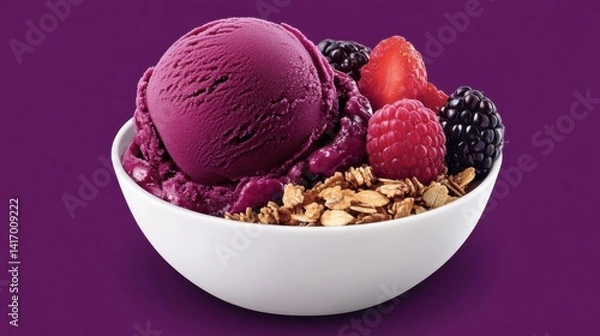 Obraz A vibrant acai berry ice cream scoop in a white bowl, with fresh berries and granola, placed on a purple-toned background with copy space.