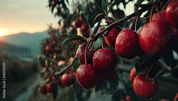 Fototapeta Tree branch loaded with fresh red cherries at sunset in a natural mountainous setting - Generated with AI