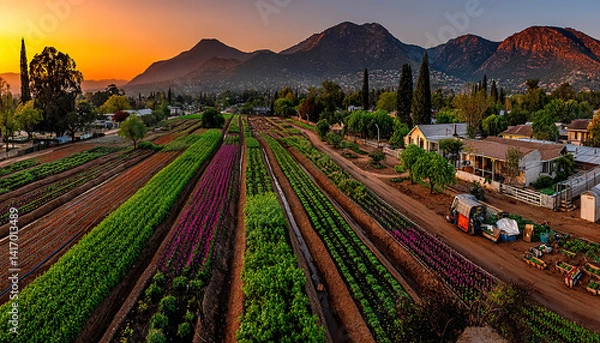 Fototapeta Cultivated fields with rows of flowers and vegetables at sunset in front of mountains - Generated with AI