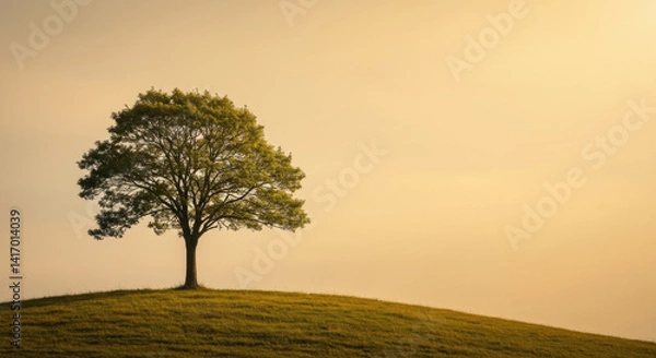 Fototapeta A solitary tree stands on a small hill against a soft, golden background.