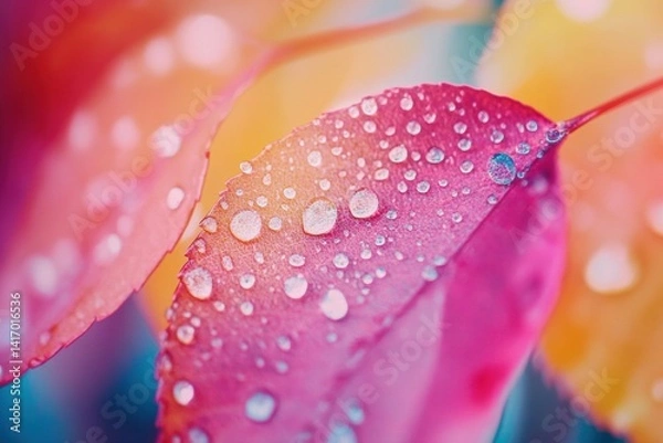 Fototapeta Vibrant close-up of dew-covered pink and orange leaves in natural setting