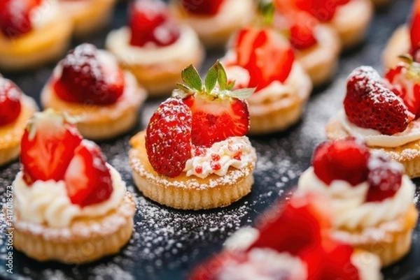Fototapeta Delicious strawberry desserts with cream and powdered sugar on pastry