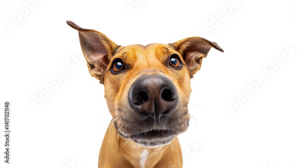 Obraz Funny dog portrait with big nose looking curiously at camera, wide-angle perspective. Humorous close-up of cute canine face isolated on transparent background. Image of playful pet personality.