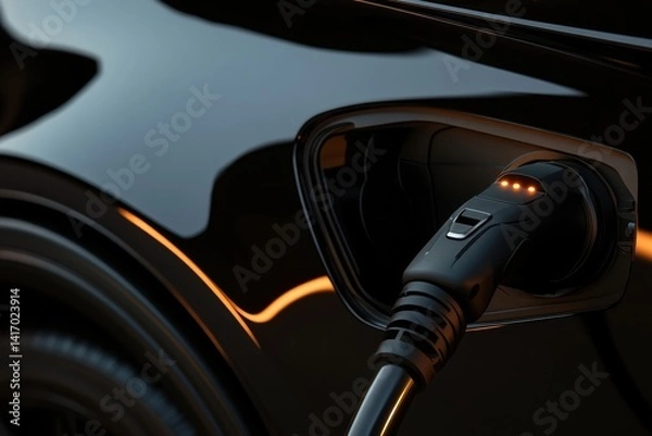 Fototapeta Close-up of electric car charging port with plugged-in cable at night