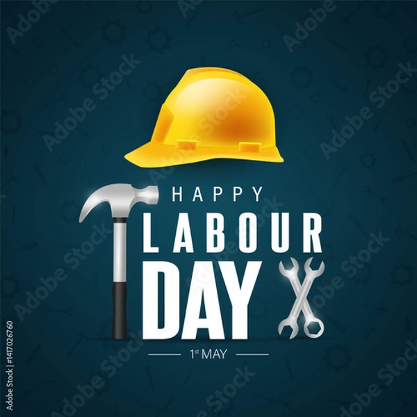 Fototapeta Labour day or international workers' day 1st may poster template design with Yellow safety hat and construction equipment.