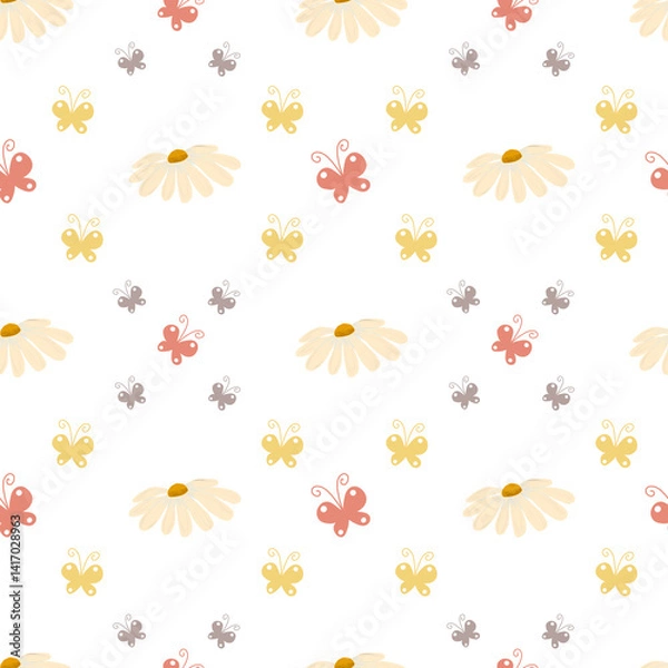 Fototapeta Seamless floral pattern with hand-drawn daisies and butterflies. Perfect for spring and summer themes, ideal for textiles, wallpaper, wrapping paper and baby products.