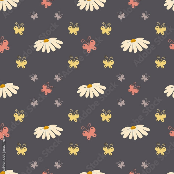 Fototapeta Seamless floral pattern with hand-drawn daisies and butterflies. Perfect for spring and summer themes, ideal for textiles, wallpaper, wrapping paper and baby products.