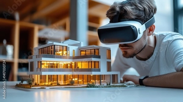 Fototapeta Architect using VR headset, viewing house model, office