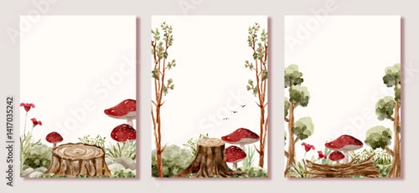 Fototapeta woodland enchanted forest watercolor multipurpose card set; enchanted forest blank card for invitation, greeting card, poster, cover, etc