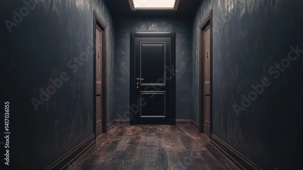 Fototapeta Dim hallway with doors, textured walls, and wood floors under soft light