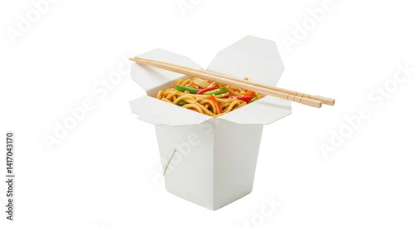 Fototapeta A white takeout box filled with noodles and vegetables and chopsticks resting on the top of the box