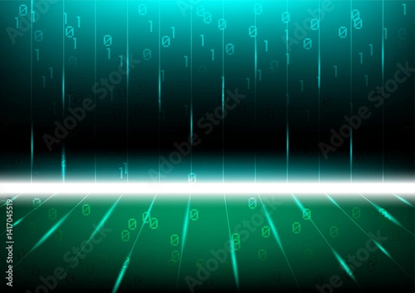 Fototapeta Digital Rain Abstract teal and dark green digital rain background with binary code falling from the top and reflecting on a bright white ground plane.