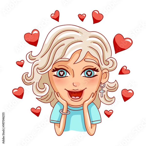 Obraz Female person with hearts. Fall in love facial expression. Vector illustration. 