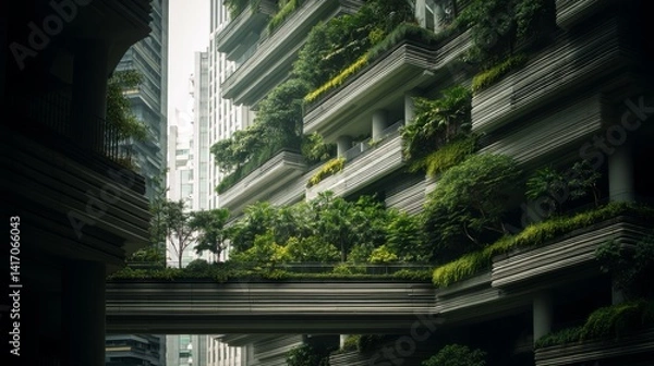 Fototapeta Lush greenery covers the facades of modern buildings in an urban landscape, highlighting a harmonious blend of nature and architecture.