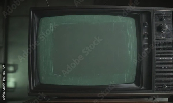 Fototapeta Close-up of vintage CRT TV screen displaying static  Greenish glow, visible scan lines , artifact, tv