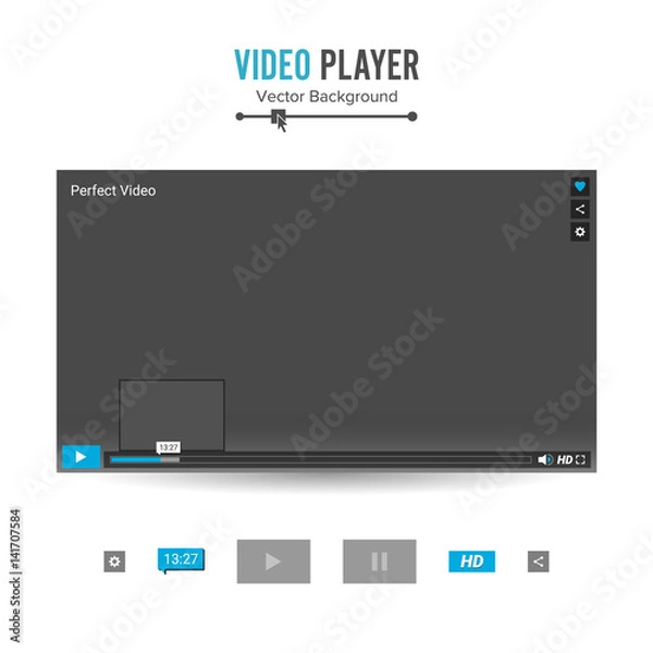 Obraz Video Player Interface Template Vector. With Progress Bar And Control Buttons Full Screen, Volume, Time, HD.