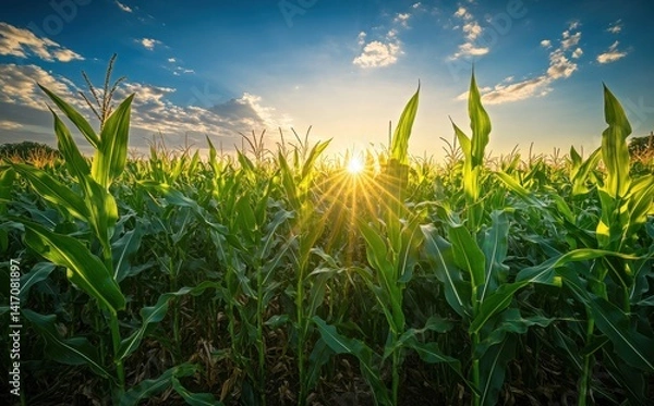 Fototapeta Golden Sunlight Shining Behind Lush Green Cornfield with Vibrant Blue Sky and Wispy Clouds at Dusk in Rural Landscape