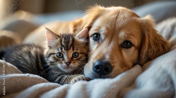 Fototapeta golden retriever puppy and a fluffy kitten