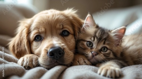 Fototapeta golden retriever puppy and a fluffy kitten