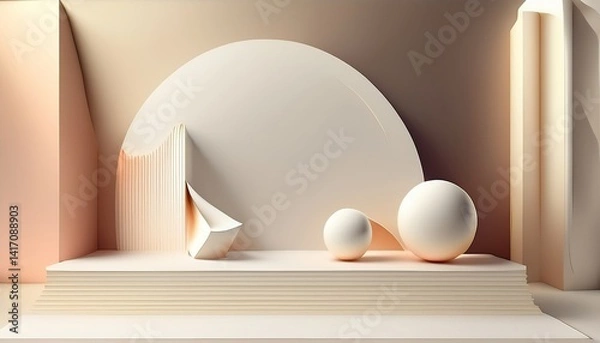 Fototapeta A 3D abstract minimalist background for a professional design presentation, featuring smooth geometric shapes, soft gradients in neutral tones