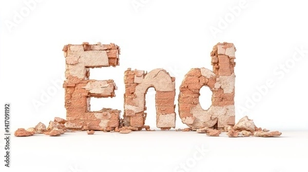Fototapeta The Crumbled End: A visually compelling portrayal of the word "End" constructed from fragmented bricks, embodying a sense of finality and transformation, with a touch of artistic minimalism.