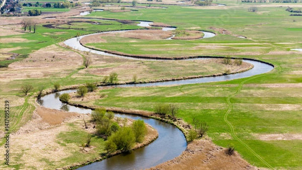 Fototapeta meandering nida river during springtime from above