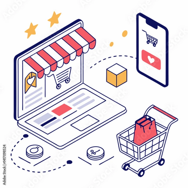 Obraz Isometric Online Shopping Illustration With Laptop Mobile And Cart Featuring Digital Commerce