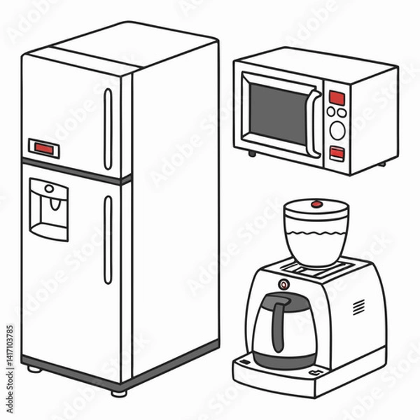 Obraz Modern Kitchen Appliances Featuring Fridge Microwave And Coffee Maker Illustration On White Background
