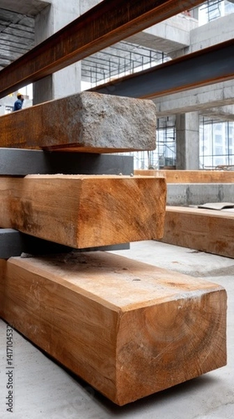 Fototapeta Steel beams arranged in a construction site background, showcasing preparations for a new building structure