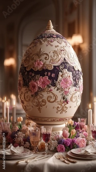 Obraz Giant Ornate Easter Egg Centerpiece on Luxury Dining Table - made with Generative AI
