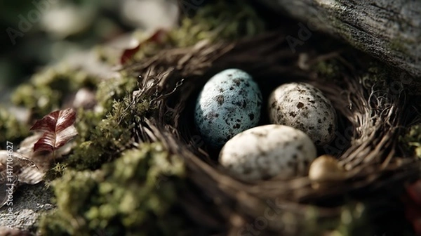 Fototapeta Three Speckled Eggs Resting in a Natural Bird's Nest Made of Twigs and Moss - made with Generative AI